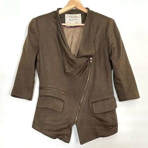 CARTONNIER olive fitted moto jacket with pockets and gold zippers